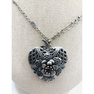 Bohm Beautiful Silver Tone Flower~Bird Filigree Heart Locket Necklace